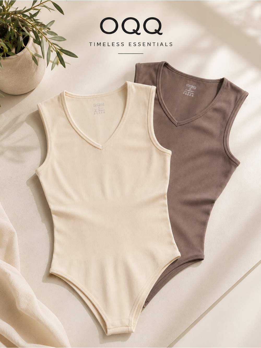 OQQ Large Ribbed V-Neck Bodysuit Bundle (2) – Cream & Taupe – NWOT